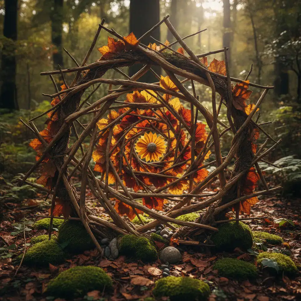 Leaves and sticks arranged into art