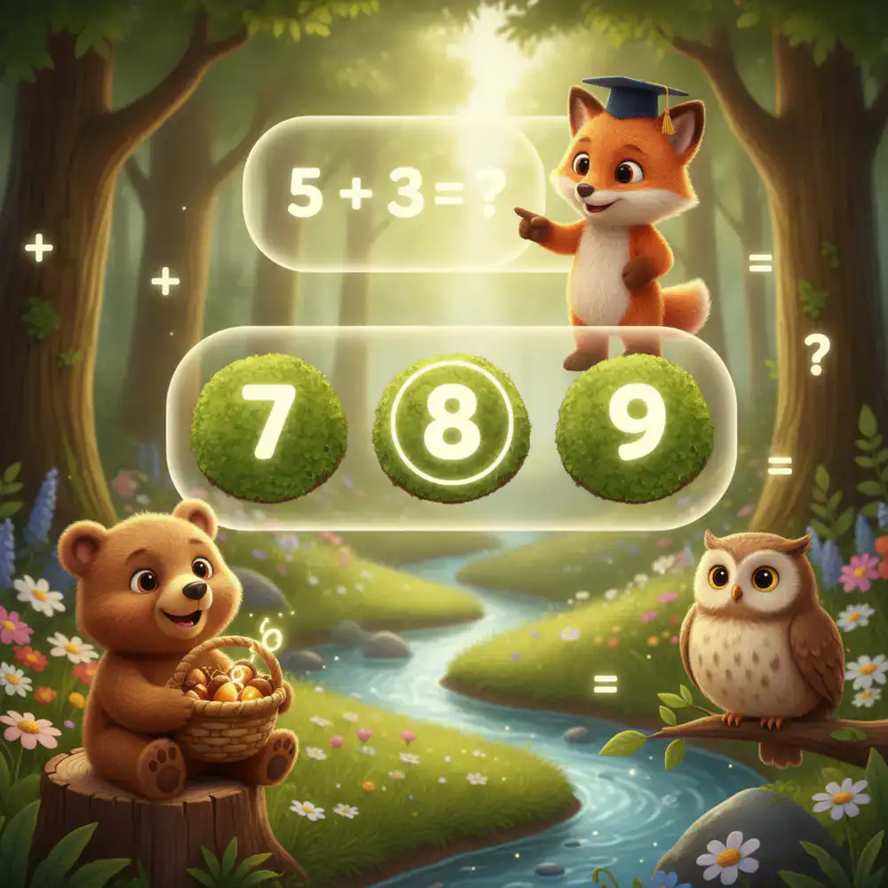 Screenshot of a colorful math game featuring forest animals