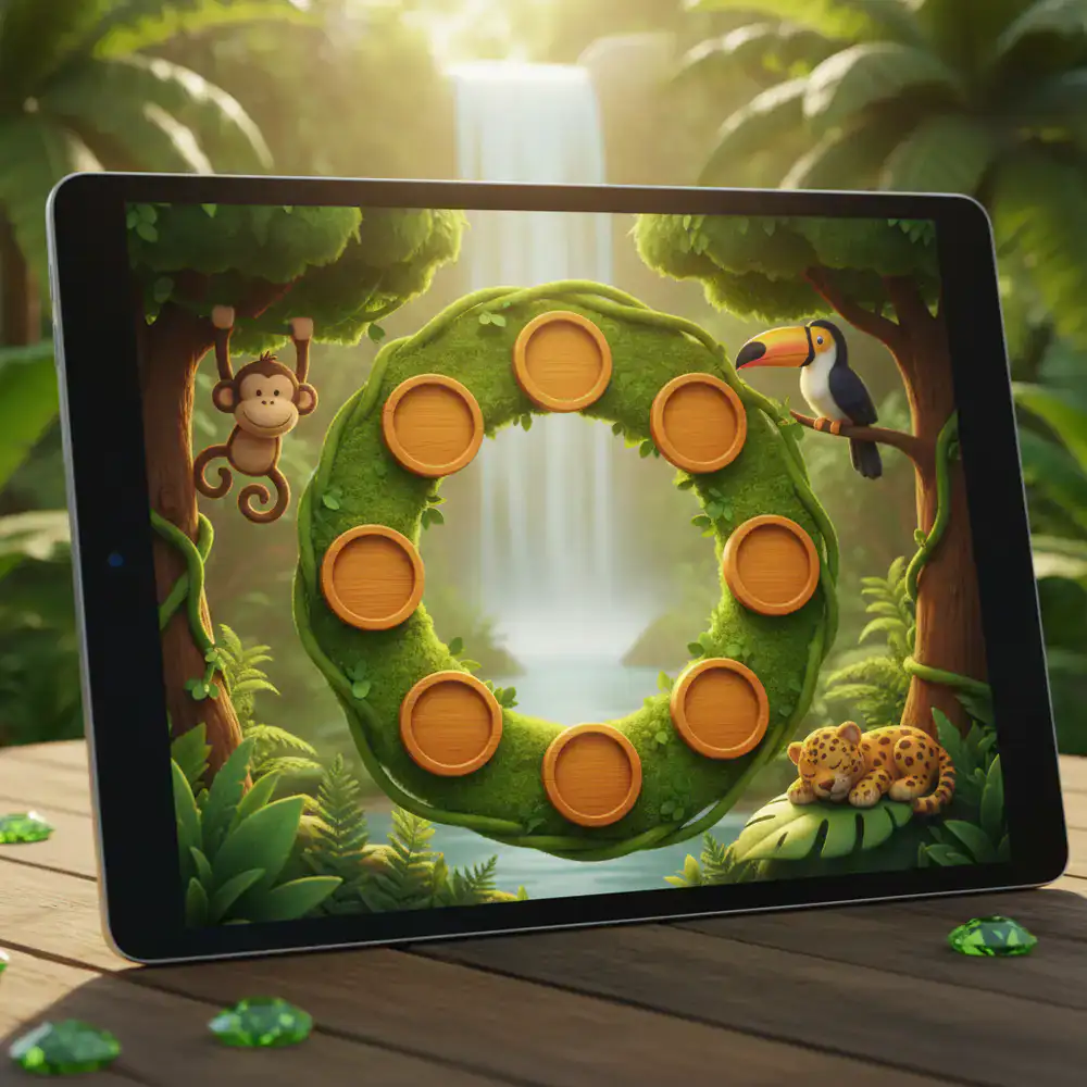 Screenshot of a spelling game with jungle themes