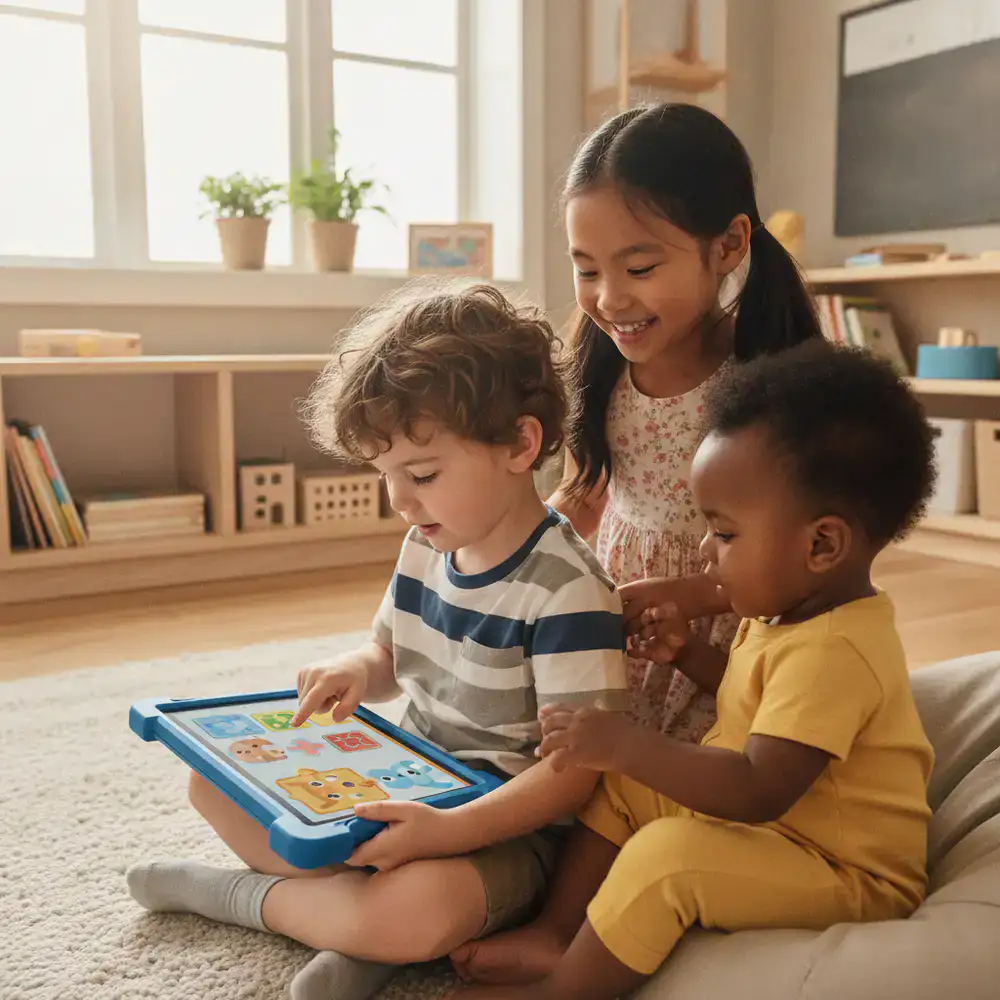 Children playing educational games on a tablet