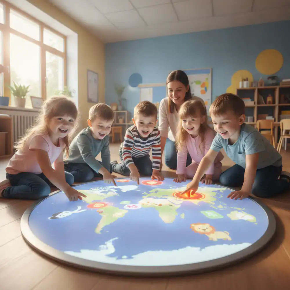 Children smiling and learning together with an interactive educational activity
