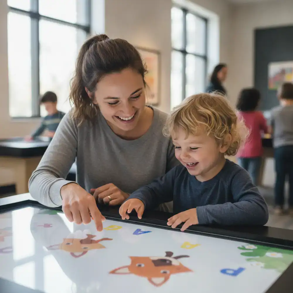 Parent and child smiling while exploring educational games together