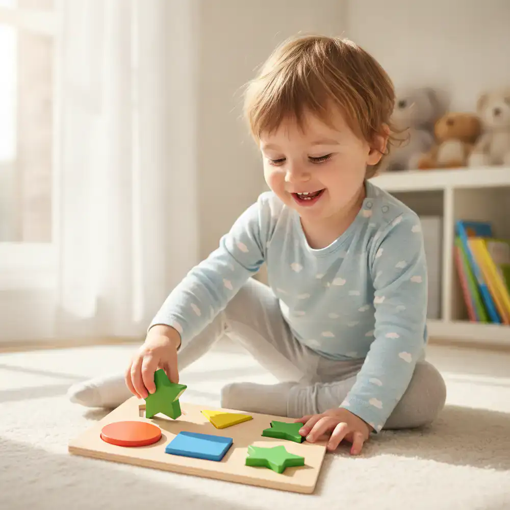 A young child happily solving a colorful shape puzzle