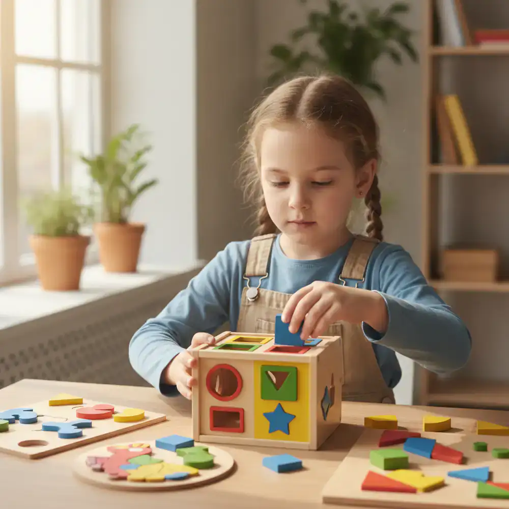 Young student matching shapes and solving puzzles